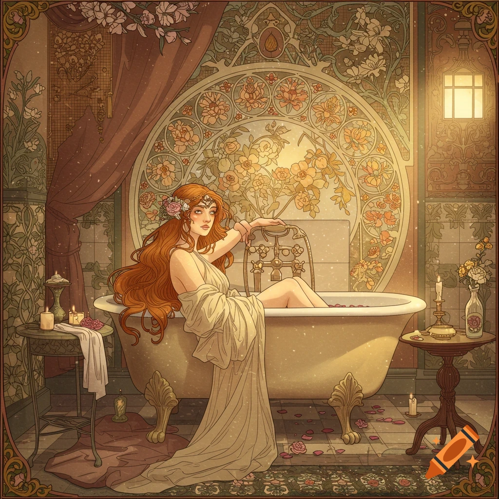 An Art Nouveau illustration of a woman bathing in an elaborate tub in a detailed bathroom.