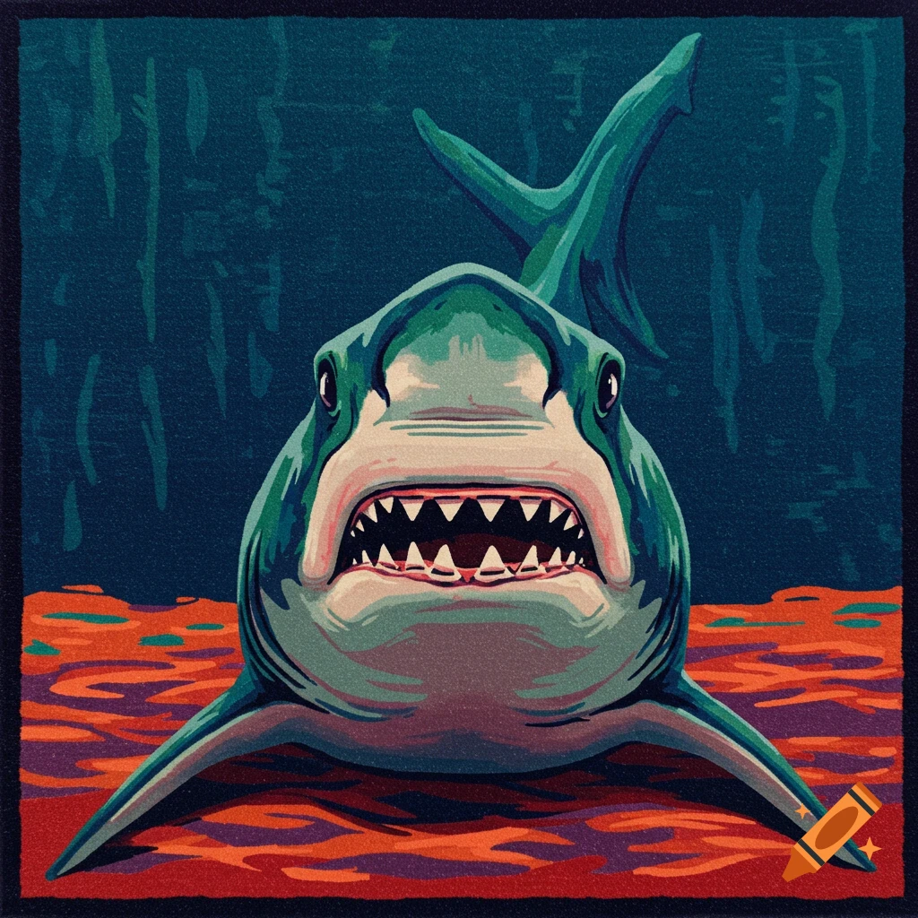 Stylized shark head facing forward with open mouth, rendered like a rug.