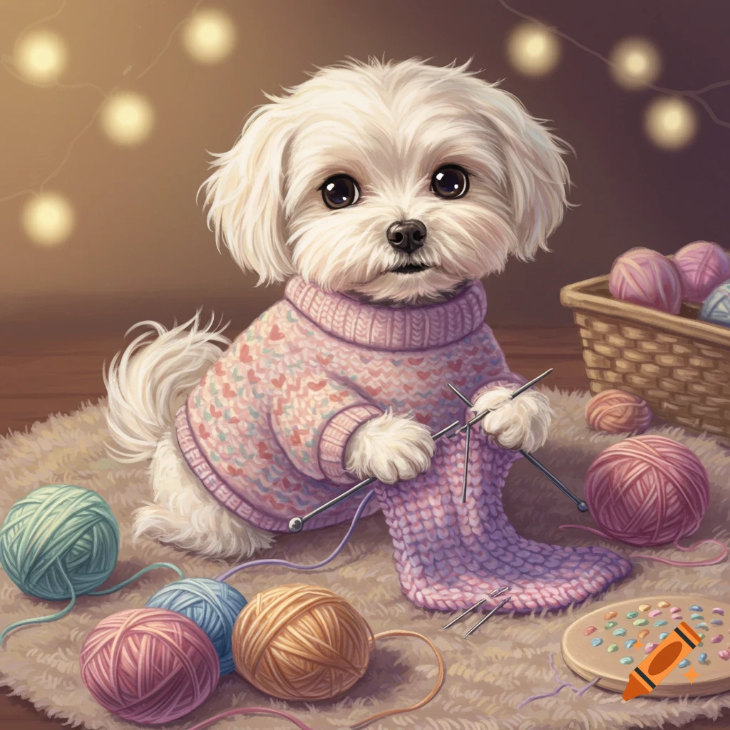 A white Maltipoo dog in a pink sweater knitting on a rug surrounded by yarn.