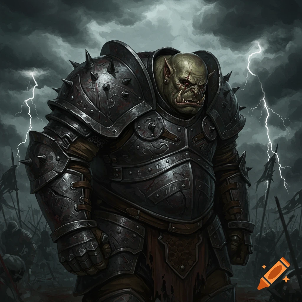 A sad orc in heavy armor stands on a stormy battlefield with lightning.