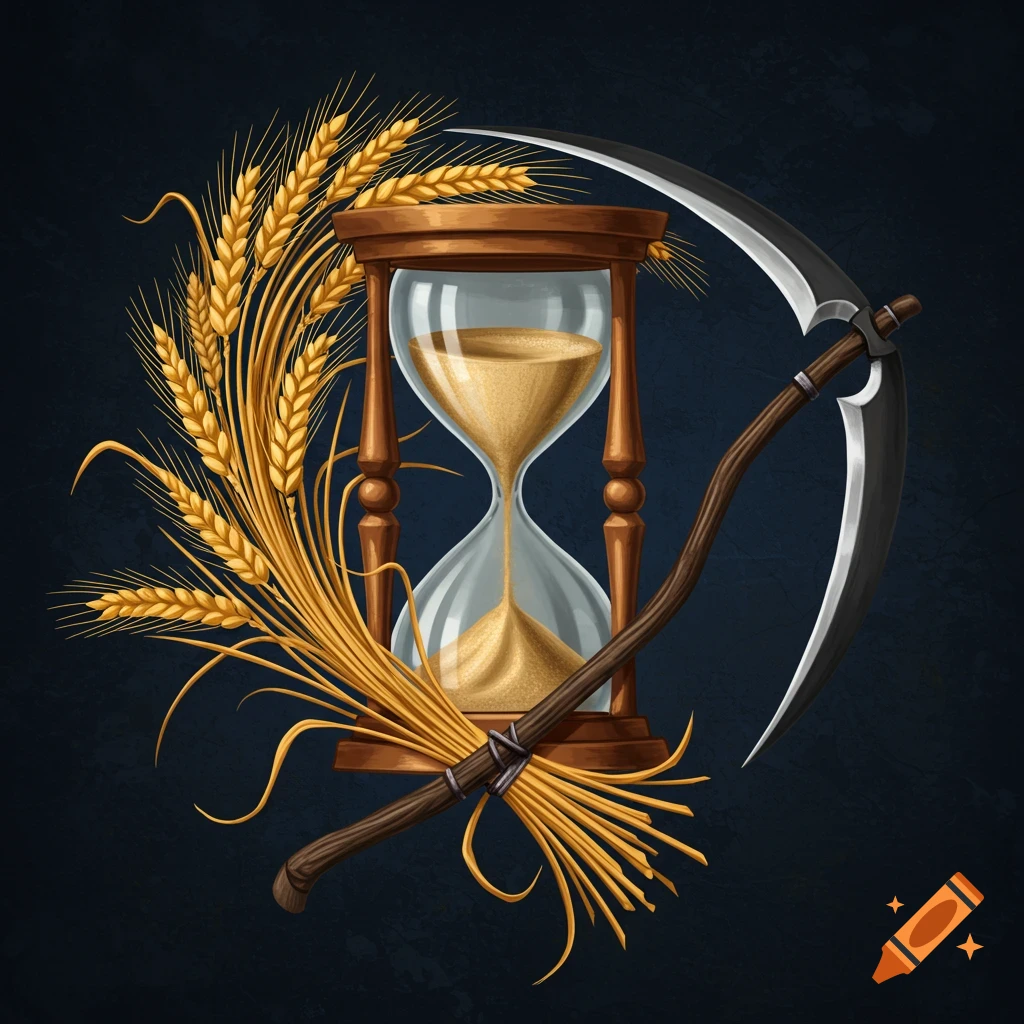 Digital illustration of an hourglass surrounded by golden wheat stalks and a scythe.