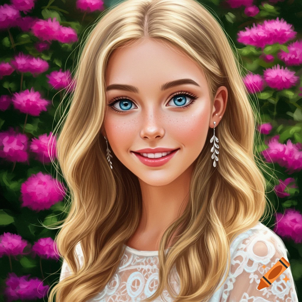 Portrait of a young blonde woman smiling with blue eyes and pink flowers in the background.