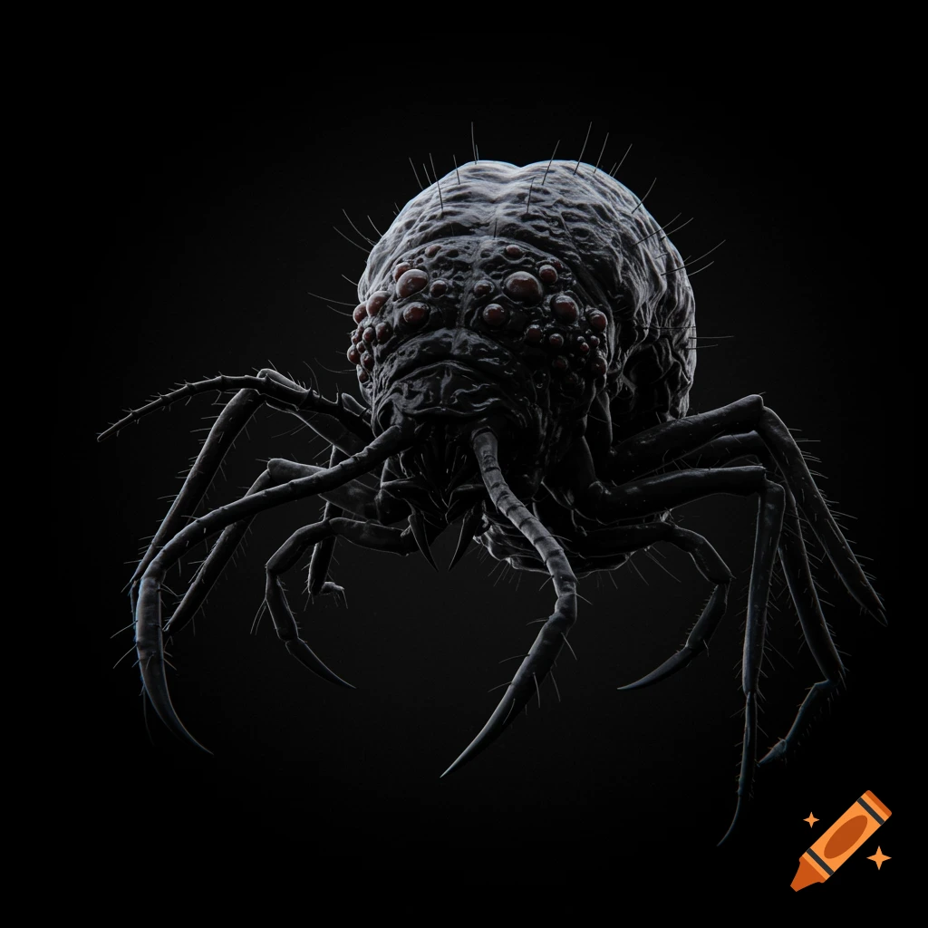 Close-up render of a dark, monstrous creature with many red eyes, legs, and spikes against a black background.
