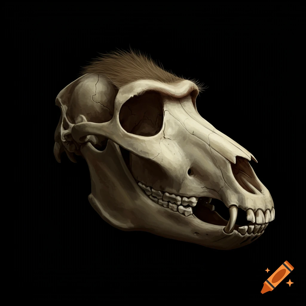 Illustration of a baboon-like animal skull with fur on a black background