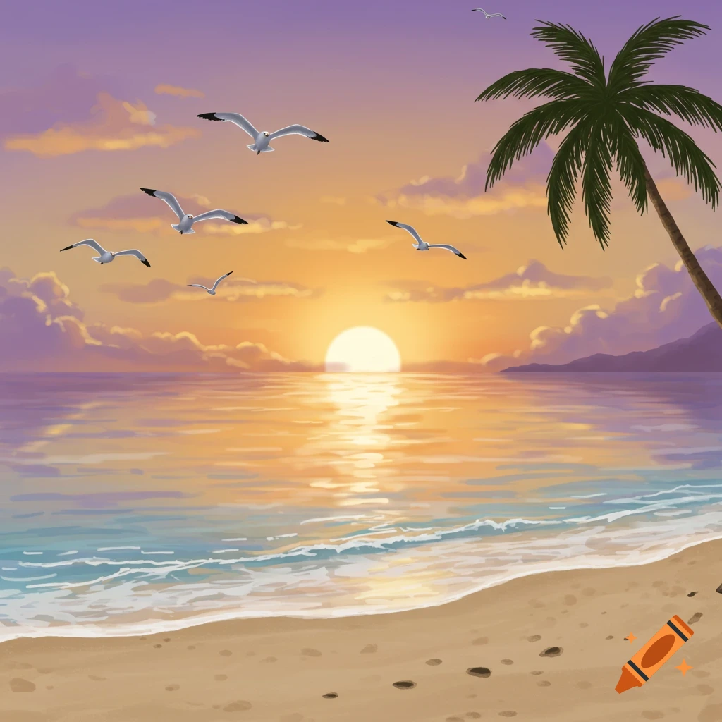 A stylized illustration of a beach sunset with a palm tree and seagulls flying.