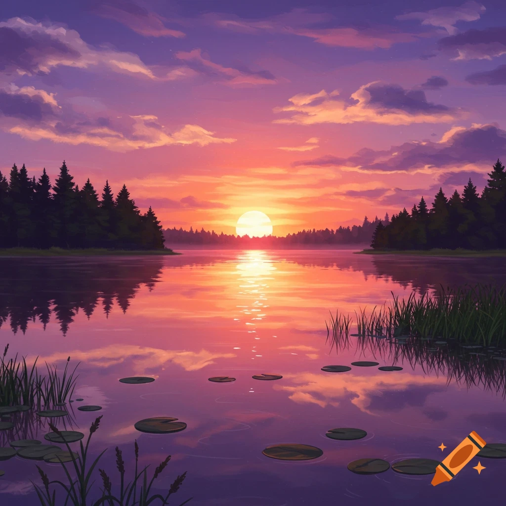 A stylized image of a lake at sunset with trees and lily pads.