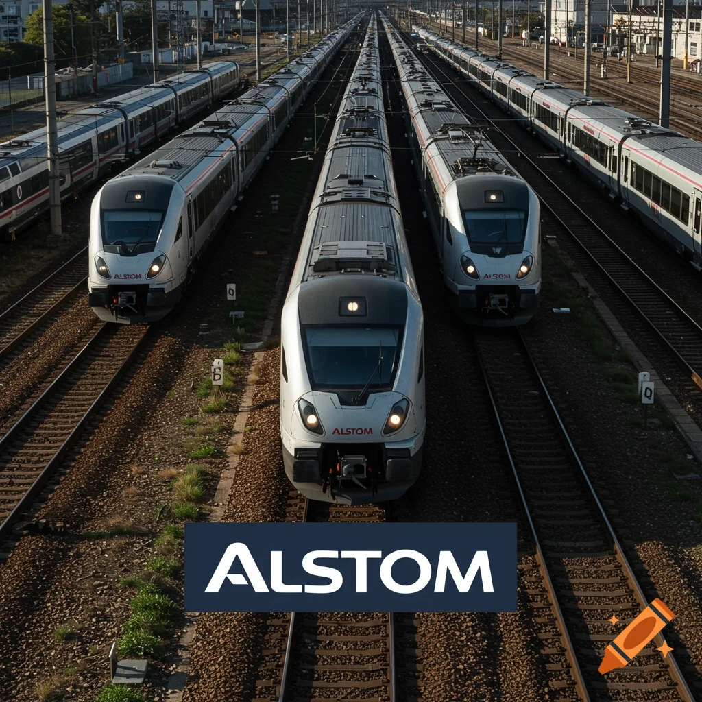An aerial view of several Alstom trains parked on parallel tracks in a train yard, with a large Alstom logo in the foreground.
