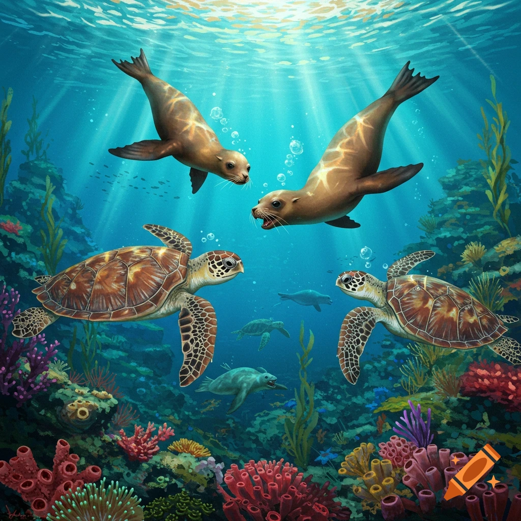 Two sea lions swim above sea turtles near a vibrant coral reef with sun rays filtering down.