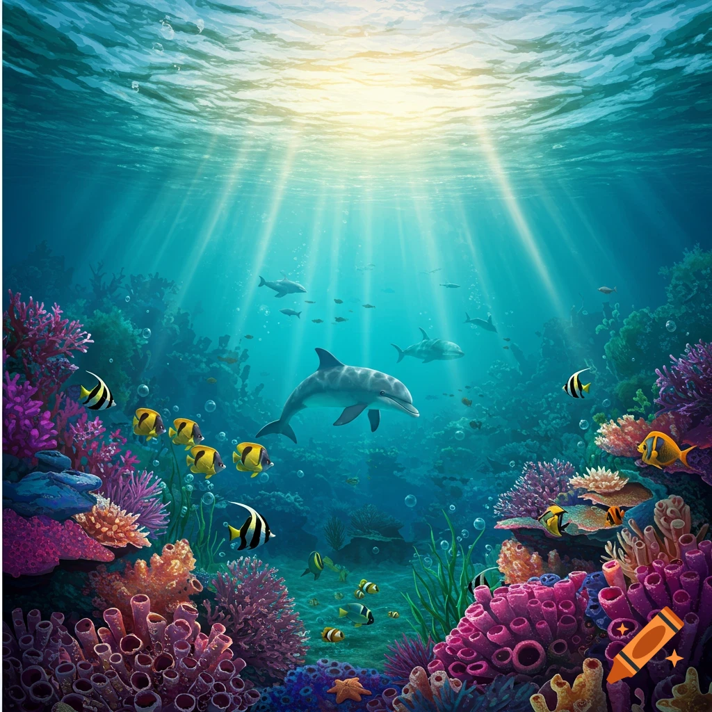 A sunlit underwater scene with a dolphin swimming over a vibrant coral reef filled with colorful fish.
