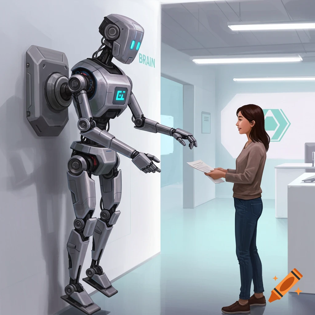 An illustrative image of a humanoid robot attached to a wall exchanging papers with a woman in a futuristic office.
