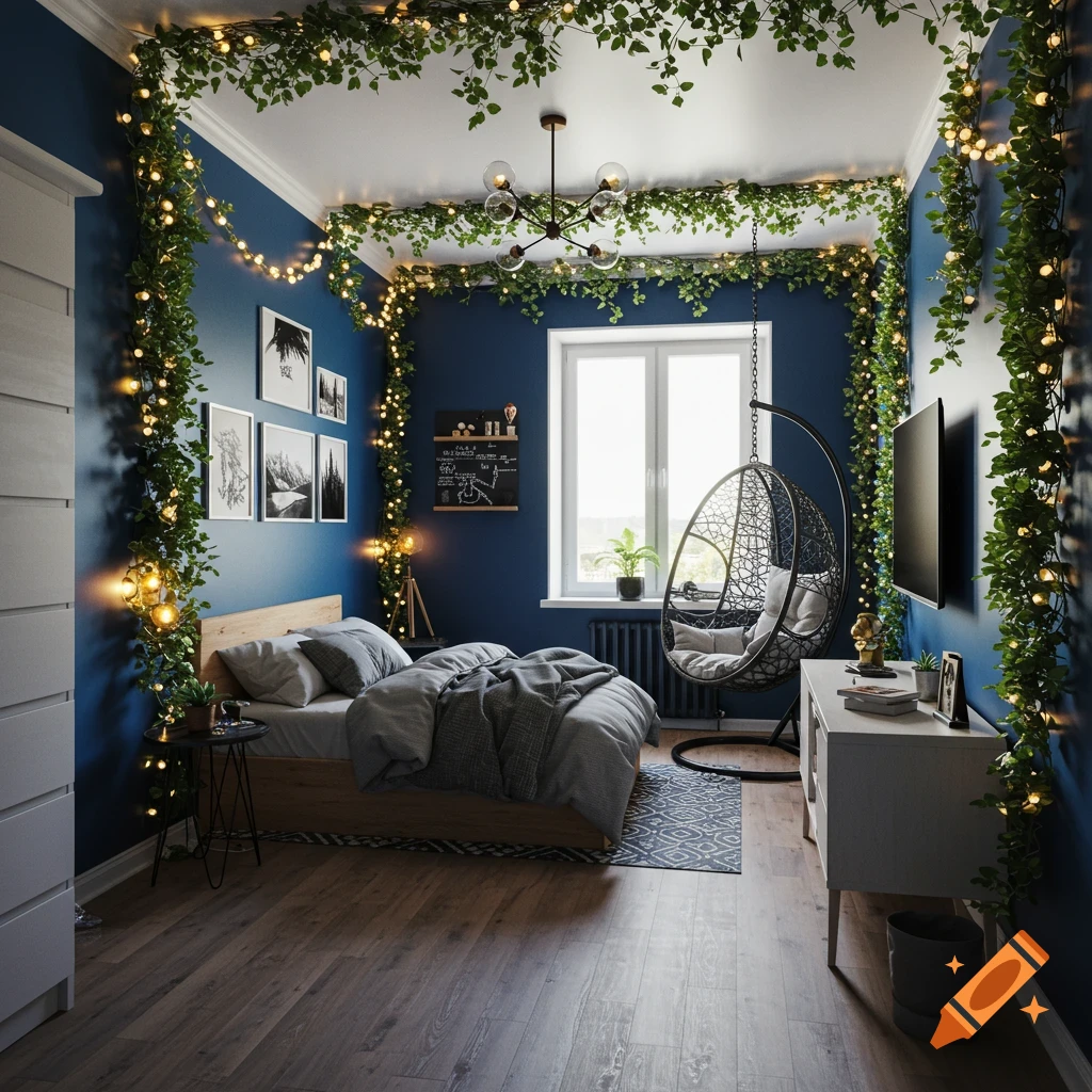 A cozy bedroom with navy blue walls, a bed, hanging chair, TV, and decorated with vines and string lights.