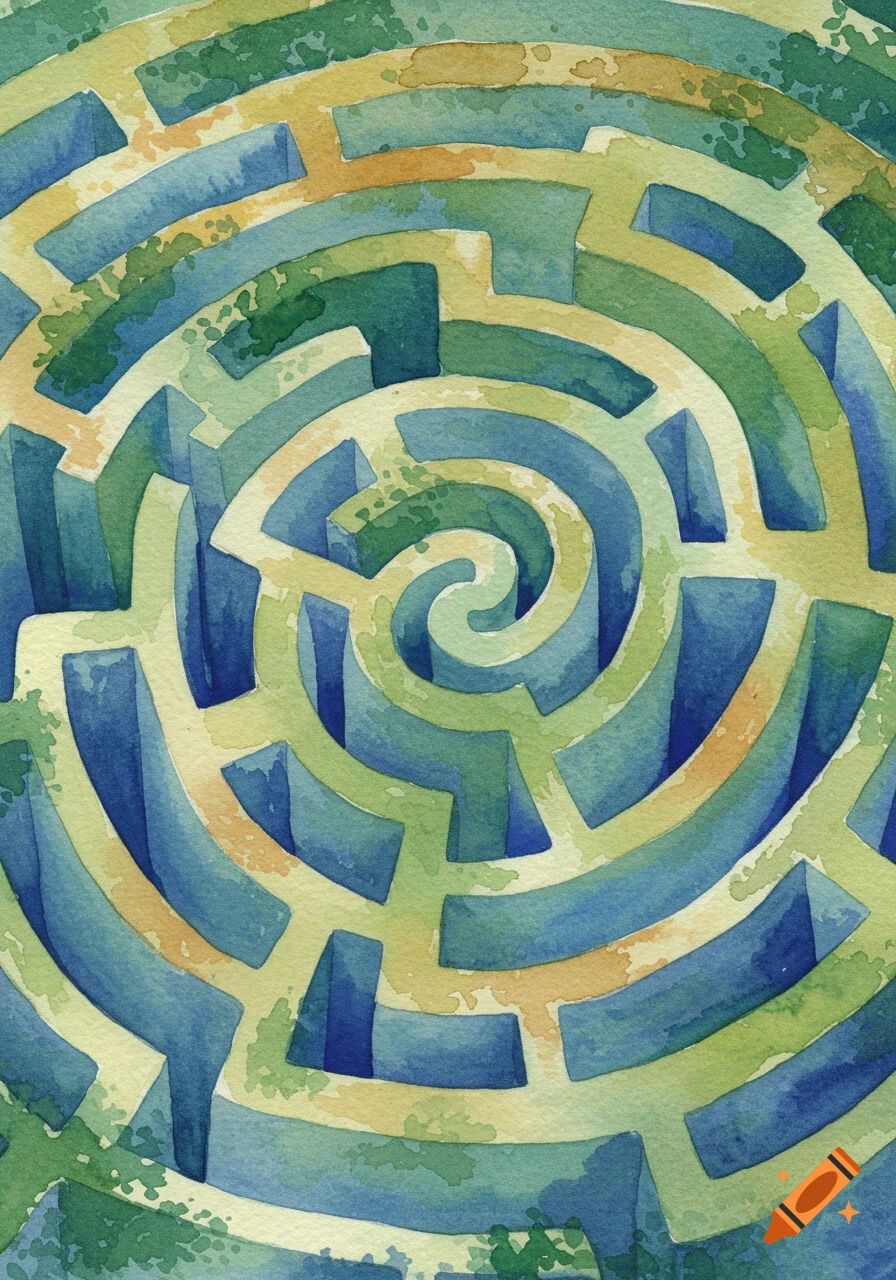 A watercolor painting of a swirling circular maze in shades of blue, green, and yellow.