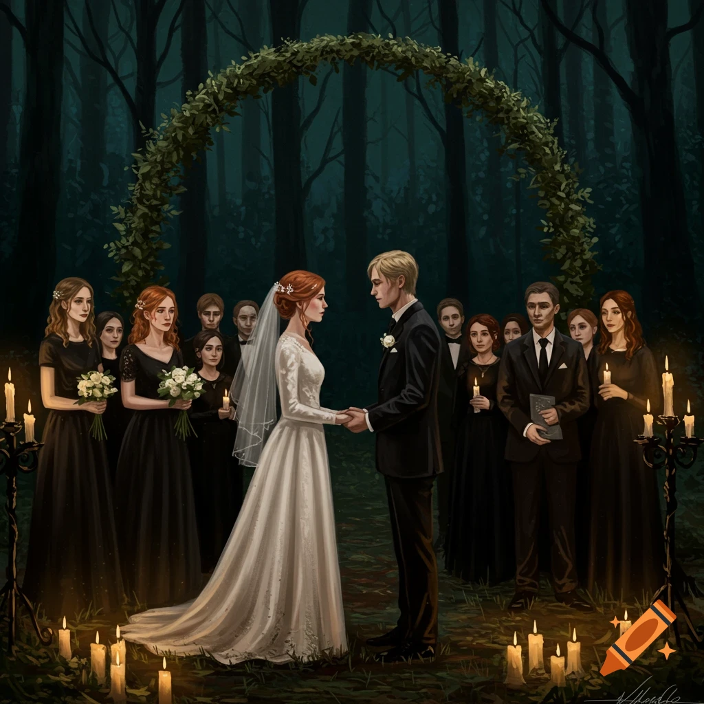 Wedding in dark woods with red-haired bride and blonde-haired groom, everyone in black with candles.