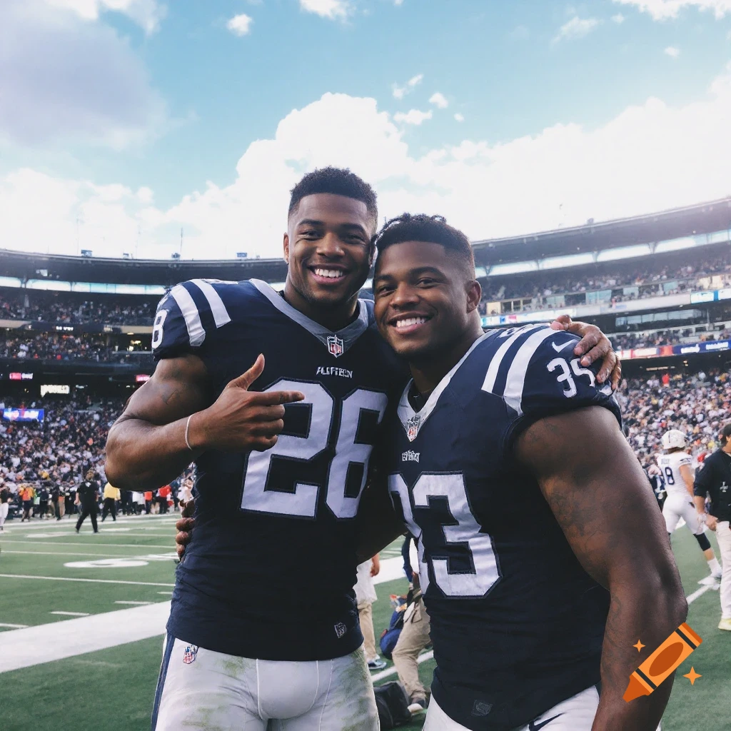 Two football players smile and pose on a field