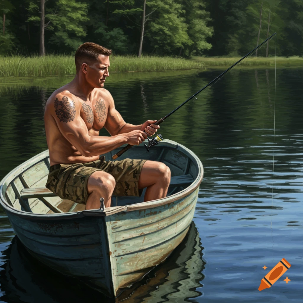 A shirtless man with tattoos fishes from a small boat on a calm lake surrounded by trees.