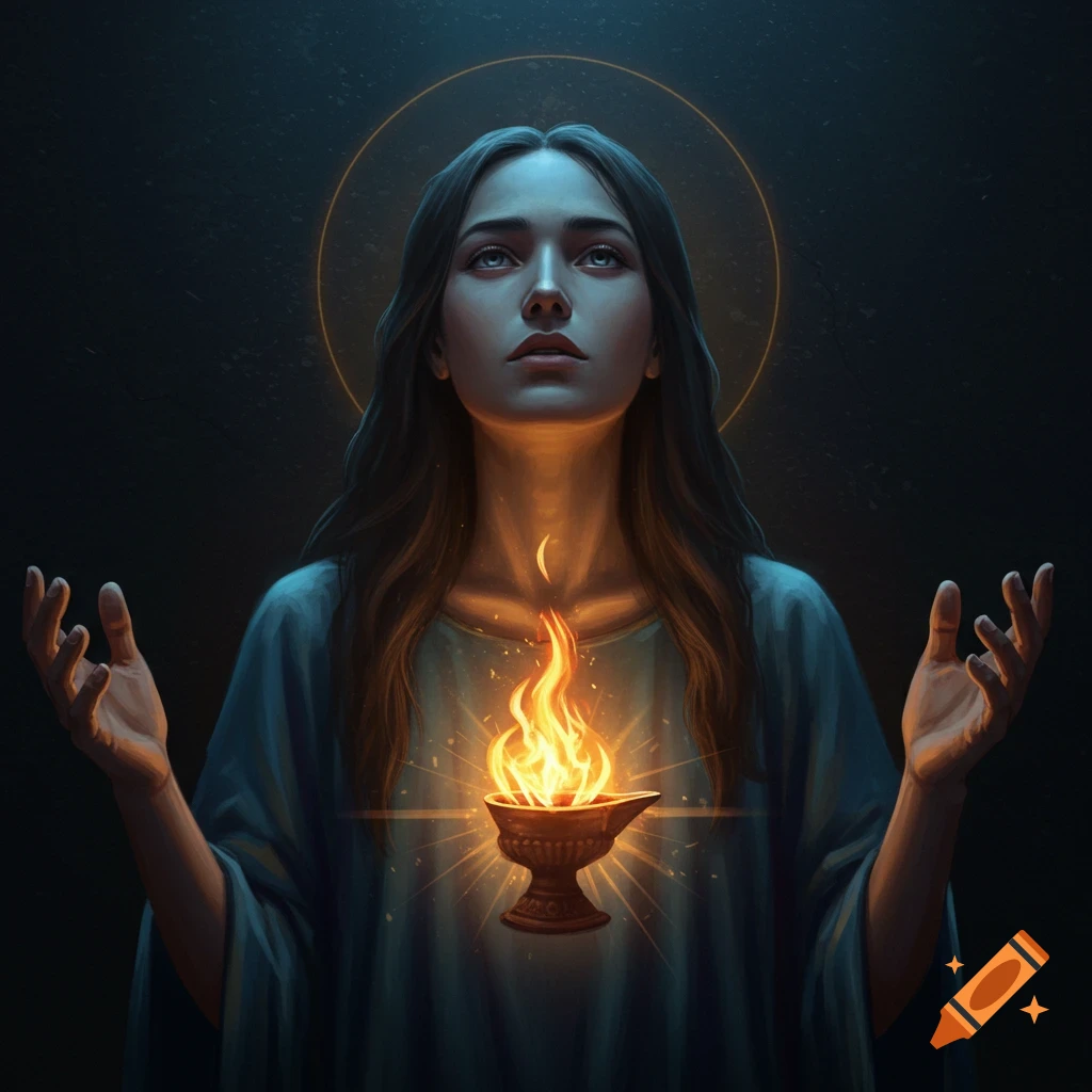 A woman with a halo and raised hands, a flaming lamp emerging from her chest, against a dark background.