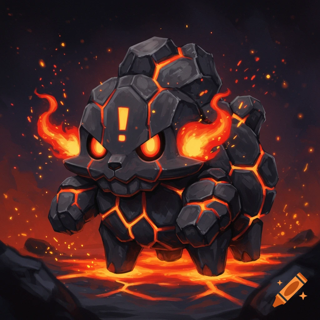 A stylized lava rock creature with glowing orange eyes and an exclamation mark on its head stands on cracked lava, surrounded by sparks and fire.