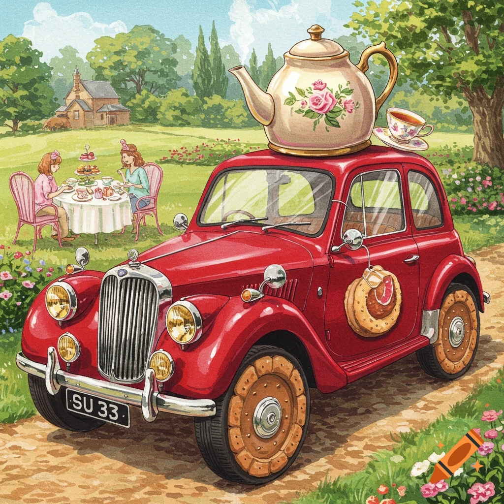 Illustrated scene of a red vintage car with a teapot on its roof, driving past a tea party in a garden.