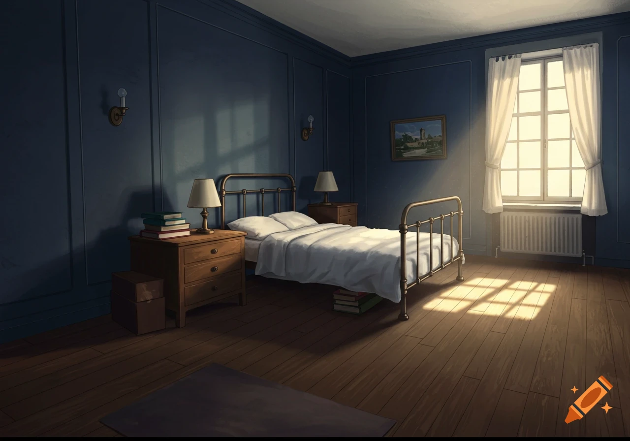 Detailed illustrative interior of a bedroom with a bed, nightstands, and sunlit window.