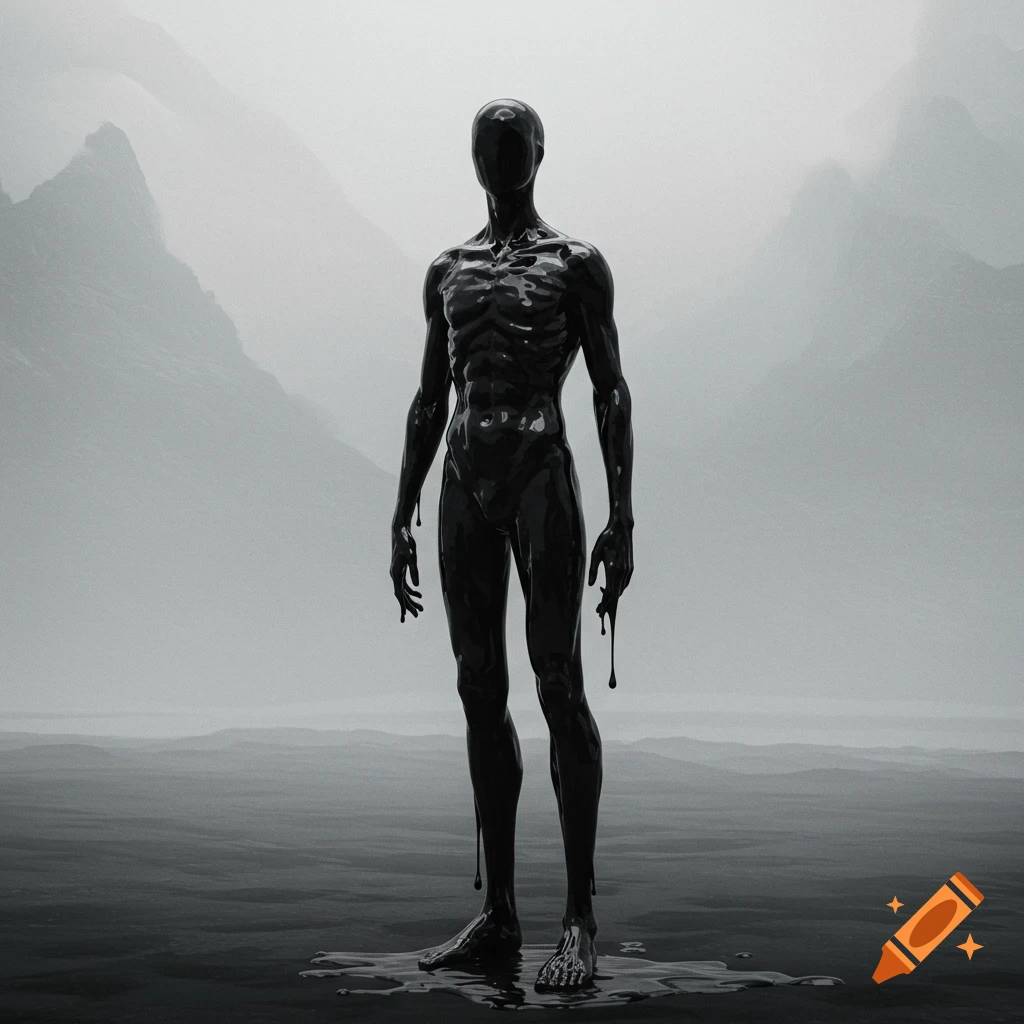 A tall, black, tar-like humanoid figure stands in a misty, desolate landscape.