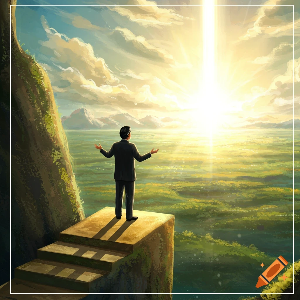 A man in a suit stands on a cliff platform, arms outstretched, looking at a bright light beam shining from the sky over a vibrant landscape.