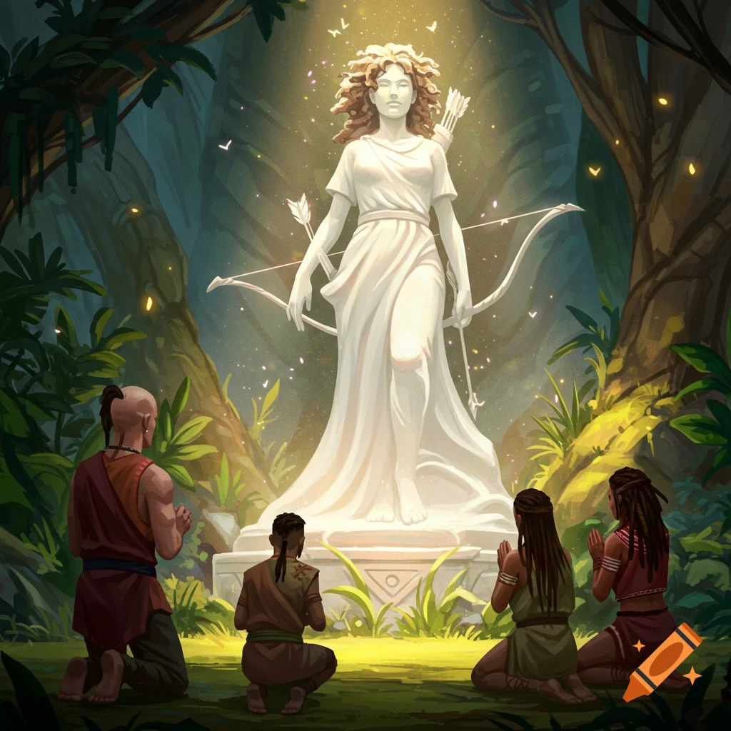 People praying to a statue of a woman holding a bow and arrow