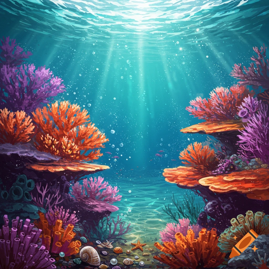 Bright underwater scene with colorful coral reefs, shells, and sunlight rays