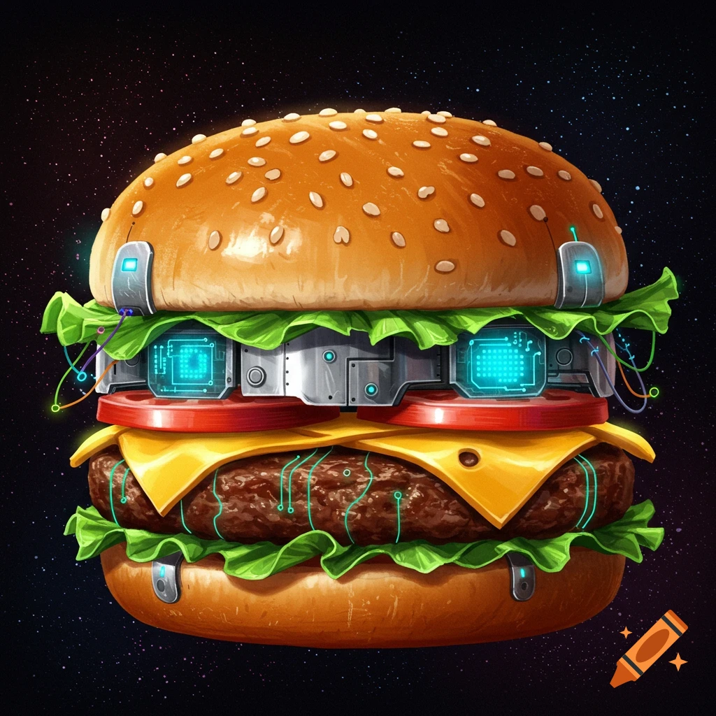 A hamburger with robotic components and glowing blue lights against a space background.