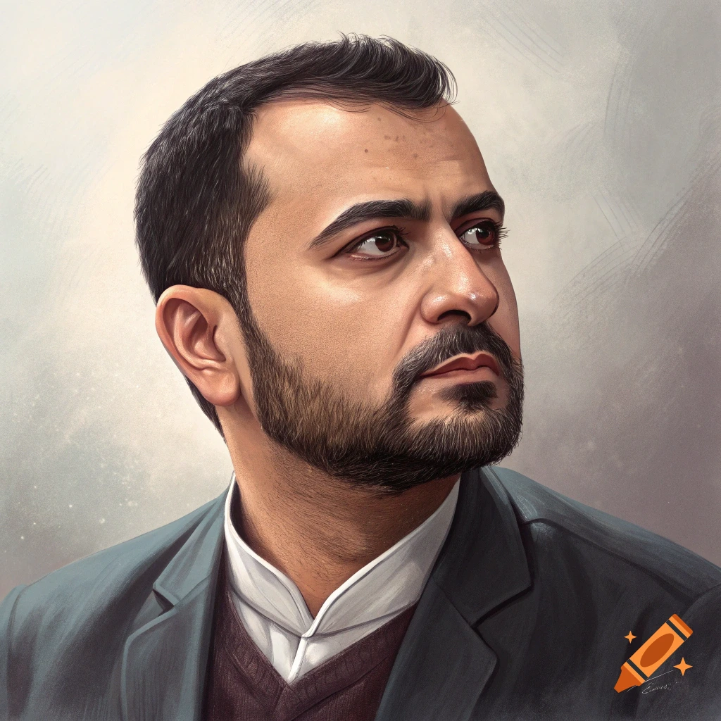 Painted portrait of a man with dark hair and beard, wearing a suit and sweater, looking upwards.