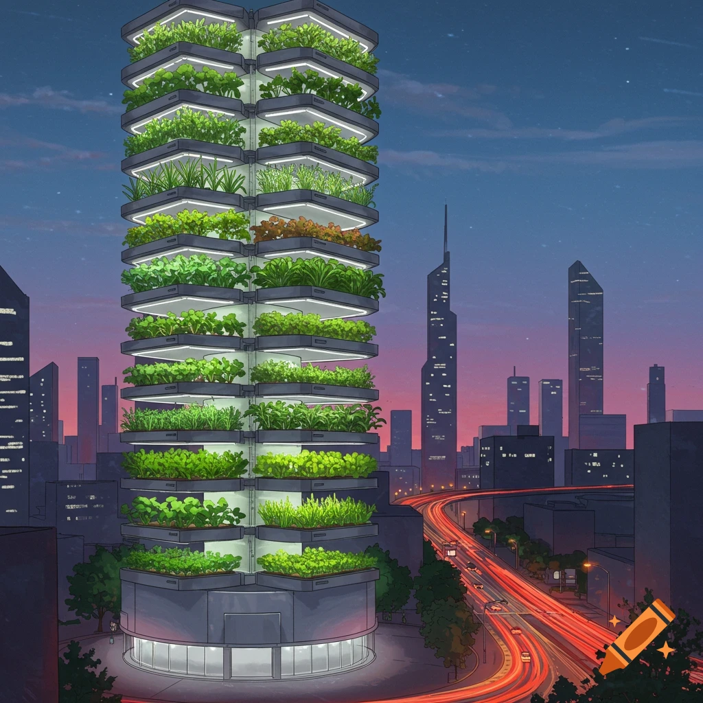 A vertical farming tower in a city at dusk.