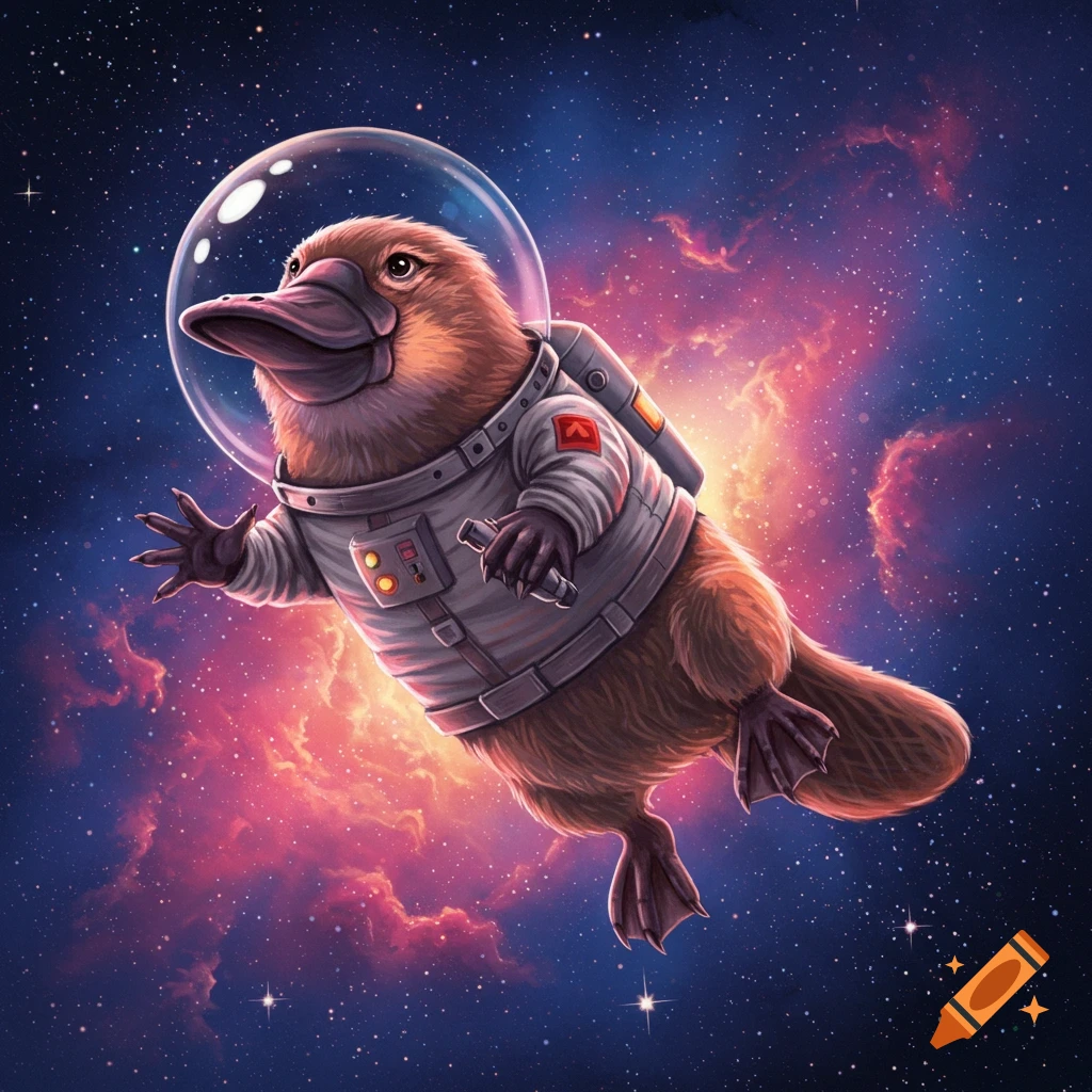 An illustrated platypus wearing an astronaut suit floats in space.