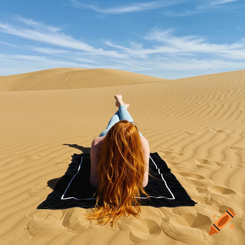Woman with red hair laying on a black towel in the sand dunes.