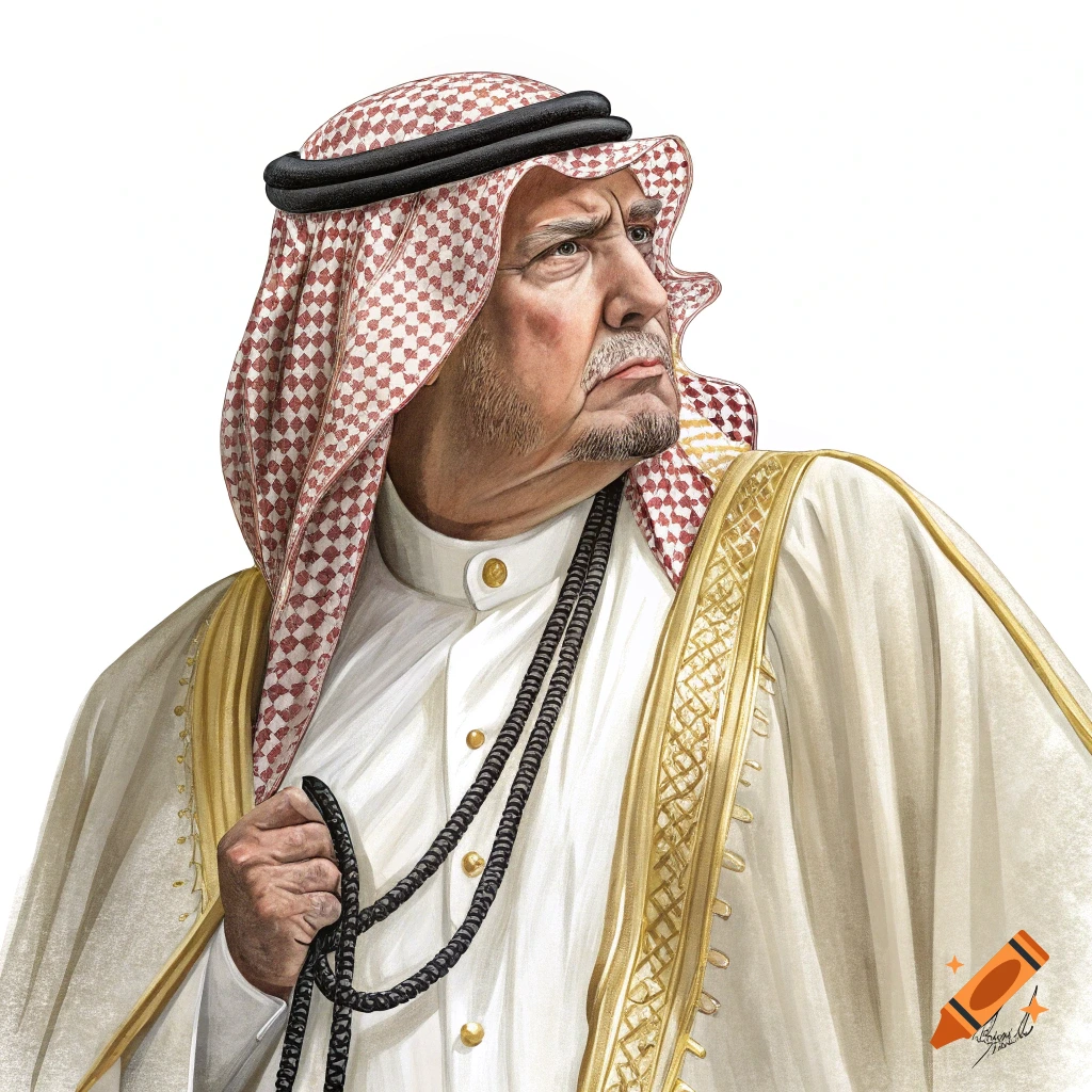 A portrait of a man resembling Donald Trump wearing a kaffiyeh and traditional Arabian robe.
