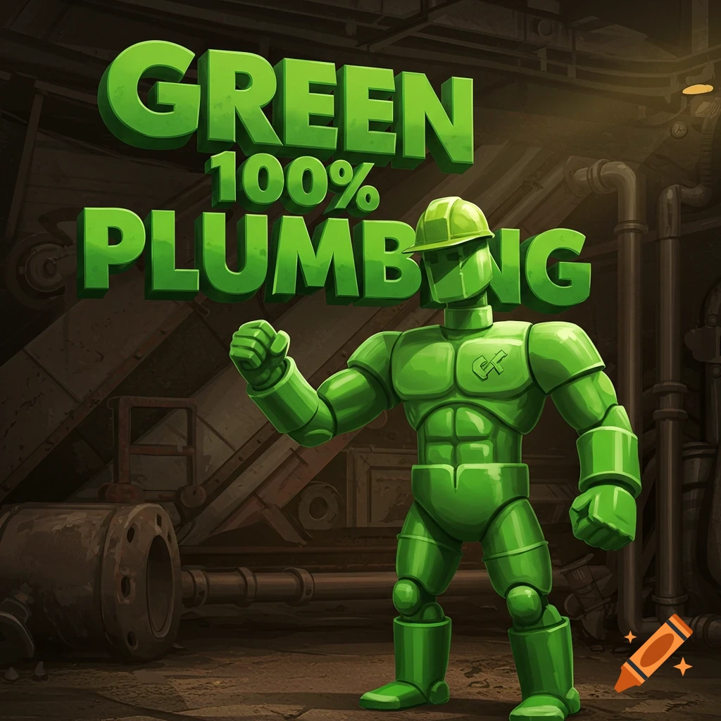 Green 100 percent plumbing text with a tough green pvc pipe man with a hard hat on