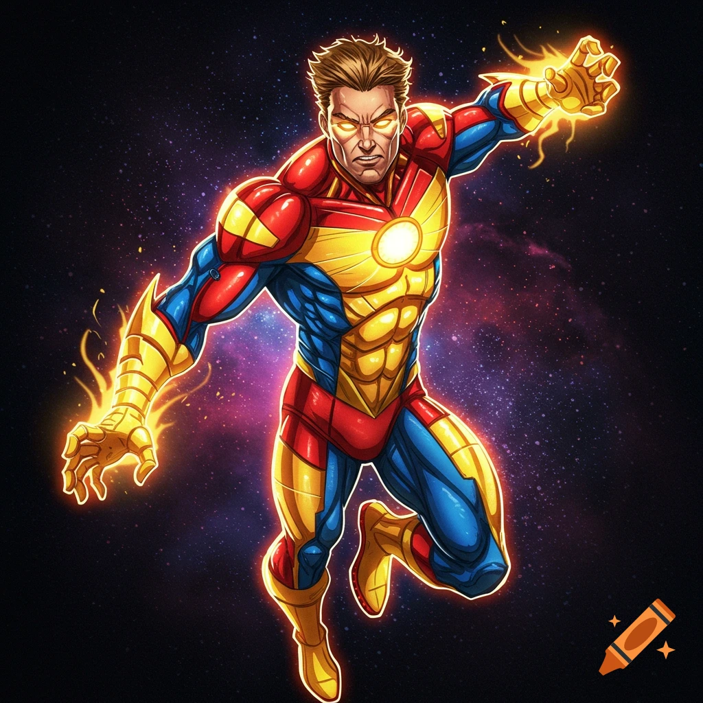 A comic book style illustration of a male superhero in a red, yellow, and blue suit with glowing eyes and hands, flying in space.