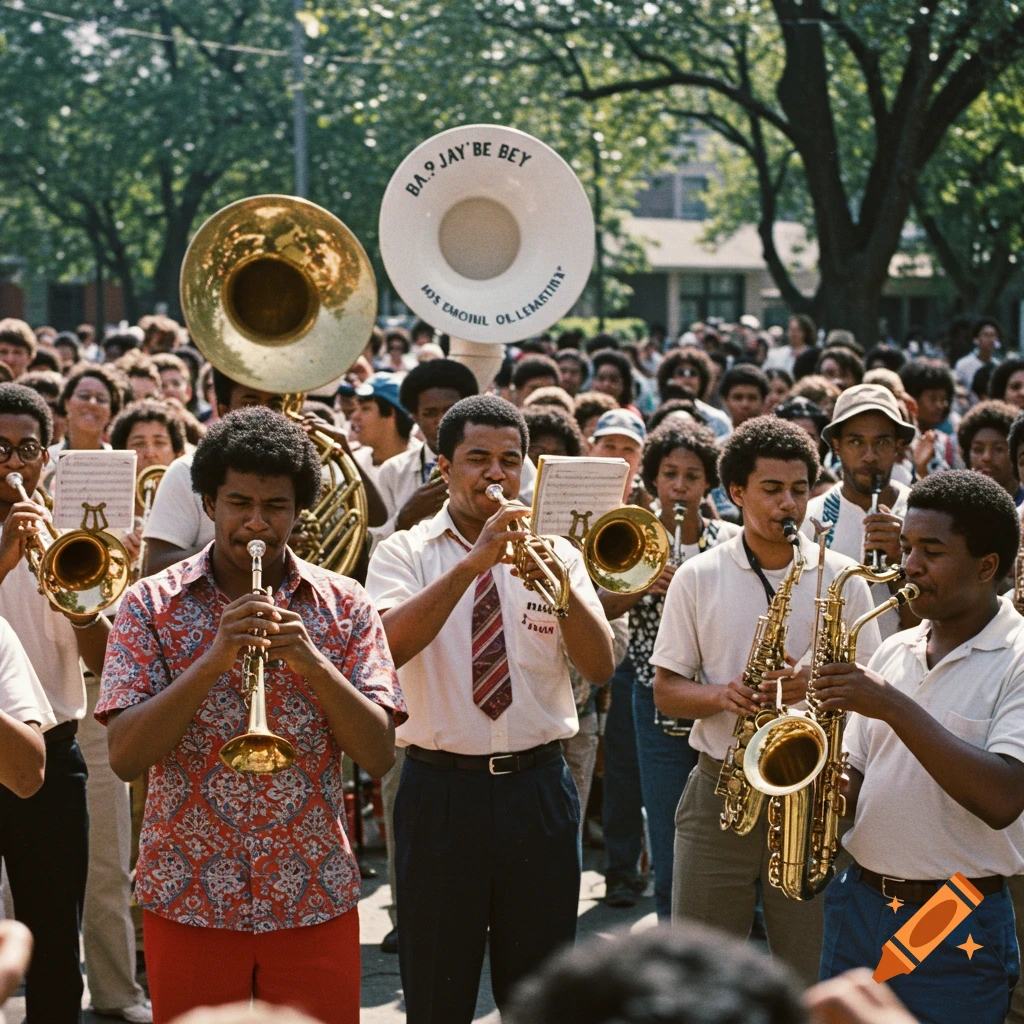 A brass band performs outdoors in a crowd, photo from the 1980s.