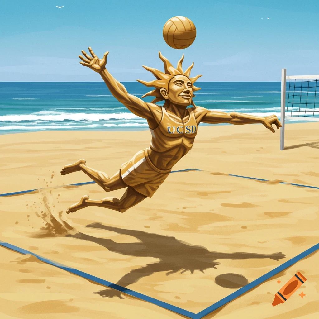 UCSD Sun God statue playing beach volleyball