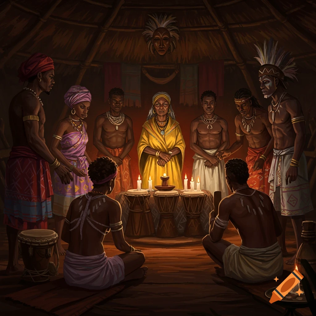 Illustration of people gathered in a hut for a ceremony around candles and drums.