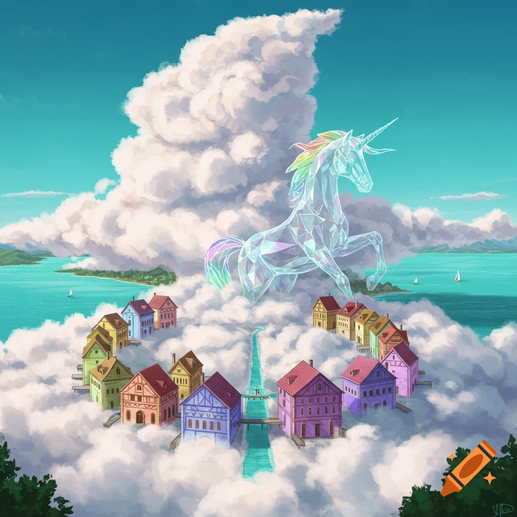 A crystalline unicorn statue rises from clouds above a ring of colorful houses, river, and water in a fantasy landscape.