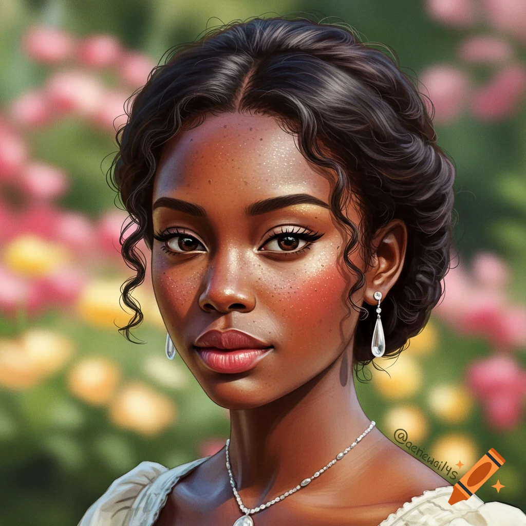 Portrait of a woman with dark curly hair and freckles, wearing jewelry, against a blurred floral background in digital art style.
