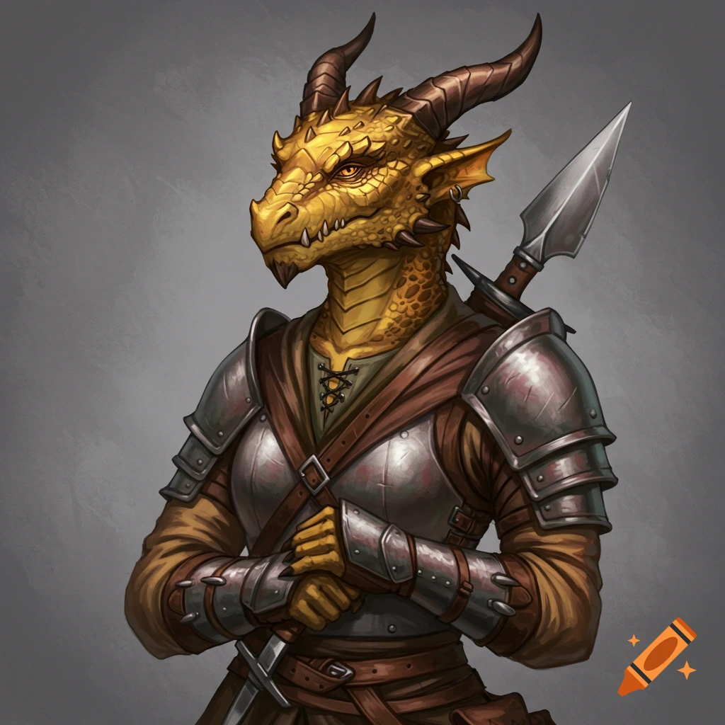 A portrait painting of a golden dragonborn mercenary in plate armor, holding a sword.