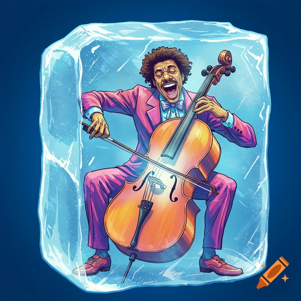Illustration of a man in a pink suit playing a cello while frozen inside a block of ice.