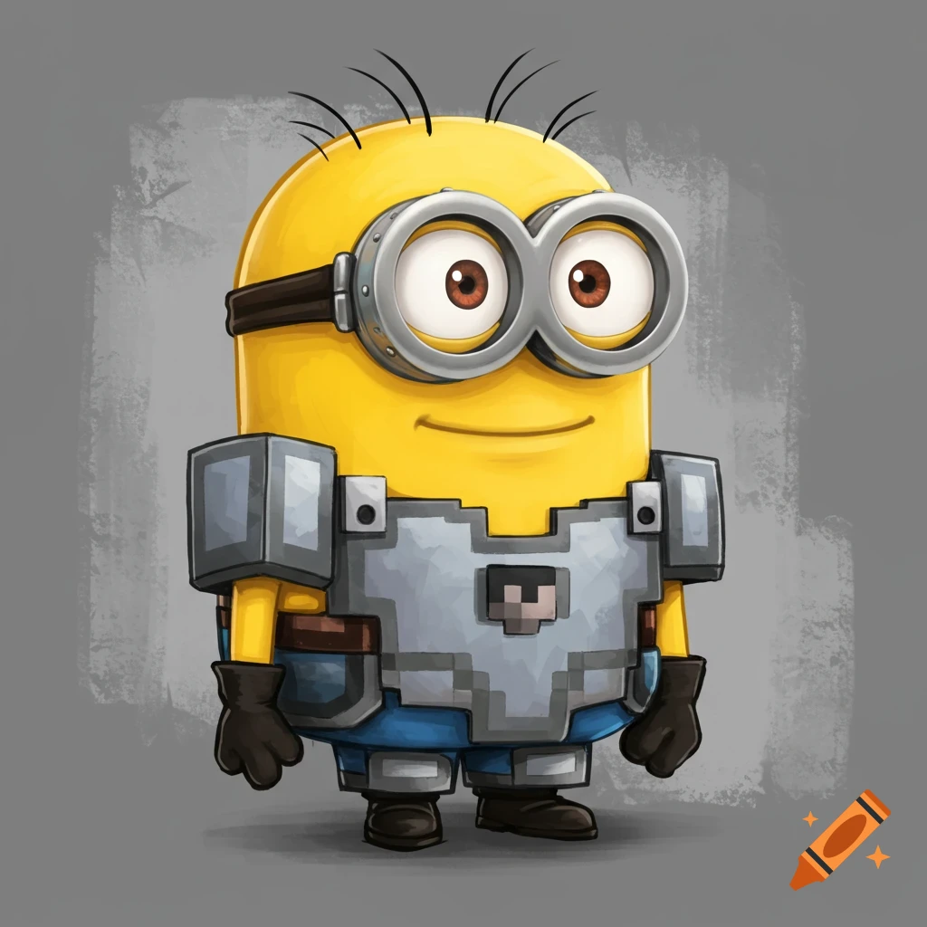 Illustration of a Minion character wearing pixelated Minecraft armor
