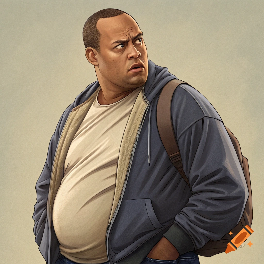 Illustration of a man in a hoodie and backpack, looking surprised with hands in his pockets.