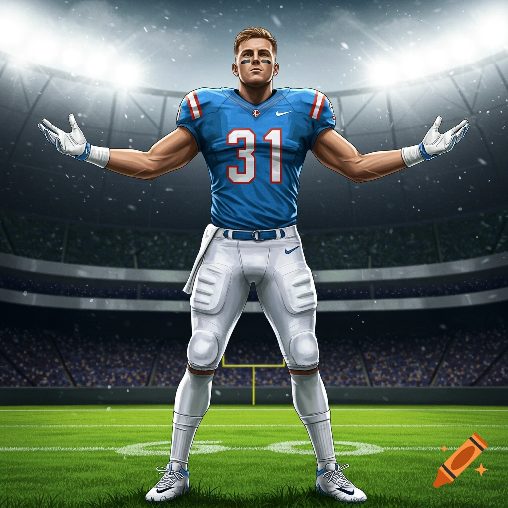 Illustration of an American football player standing on a field in a stadium with arms extended.