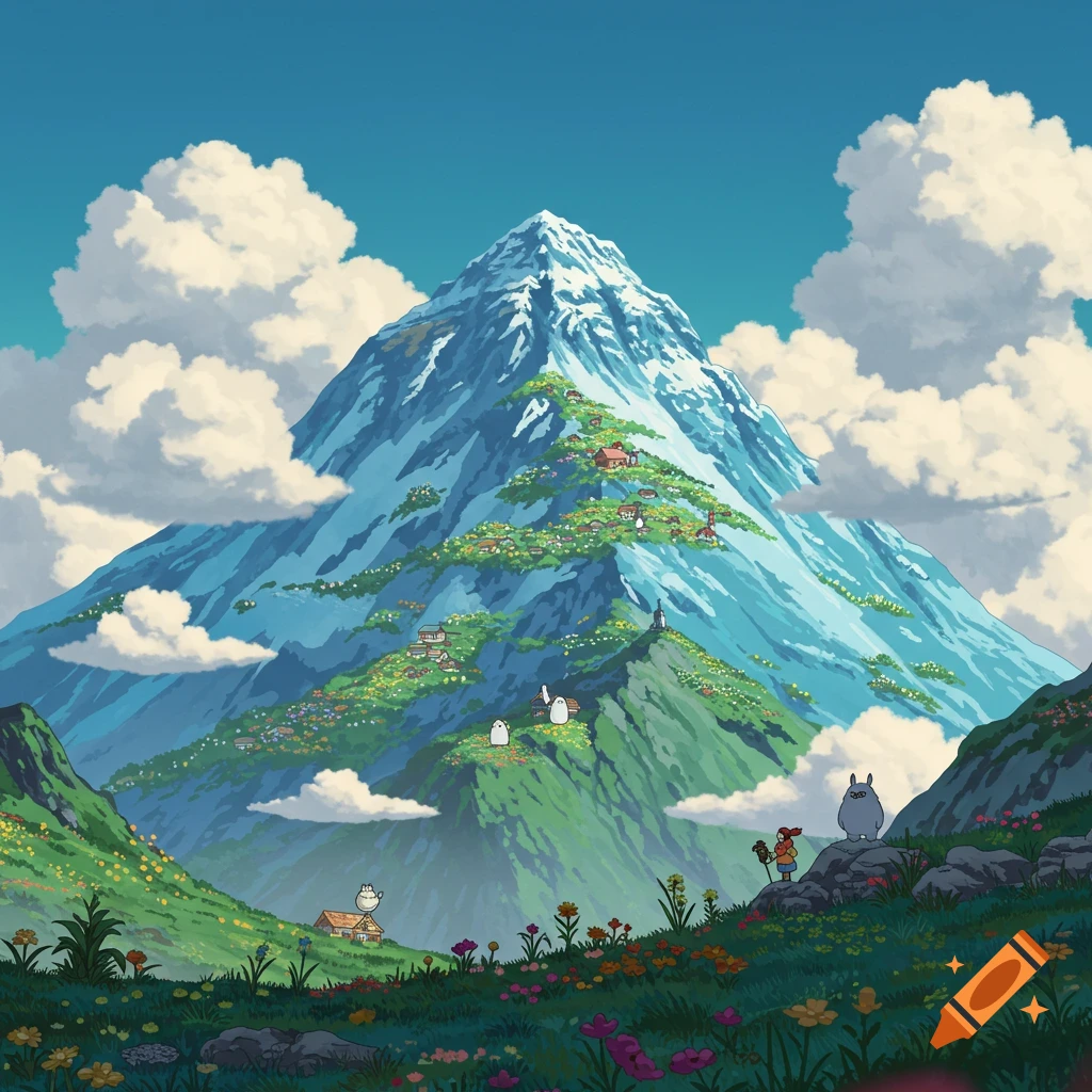 A vast mountain landscape in Studio Ghibli animation style, with a large mountain, valley, flowers, and cartoon characters resembling Totoro.
