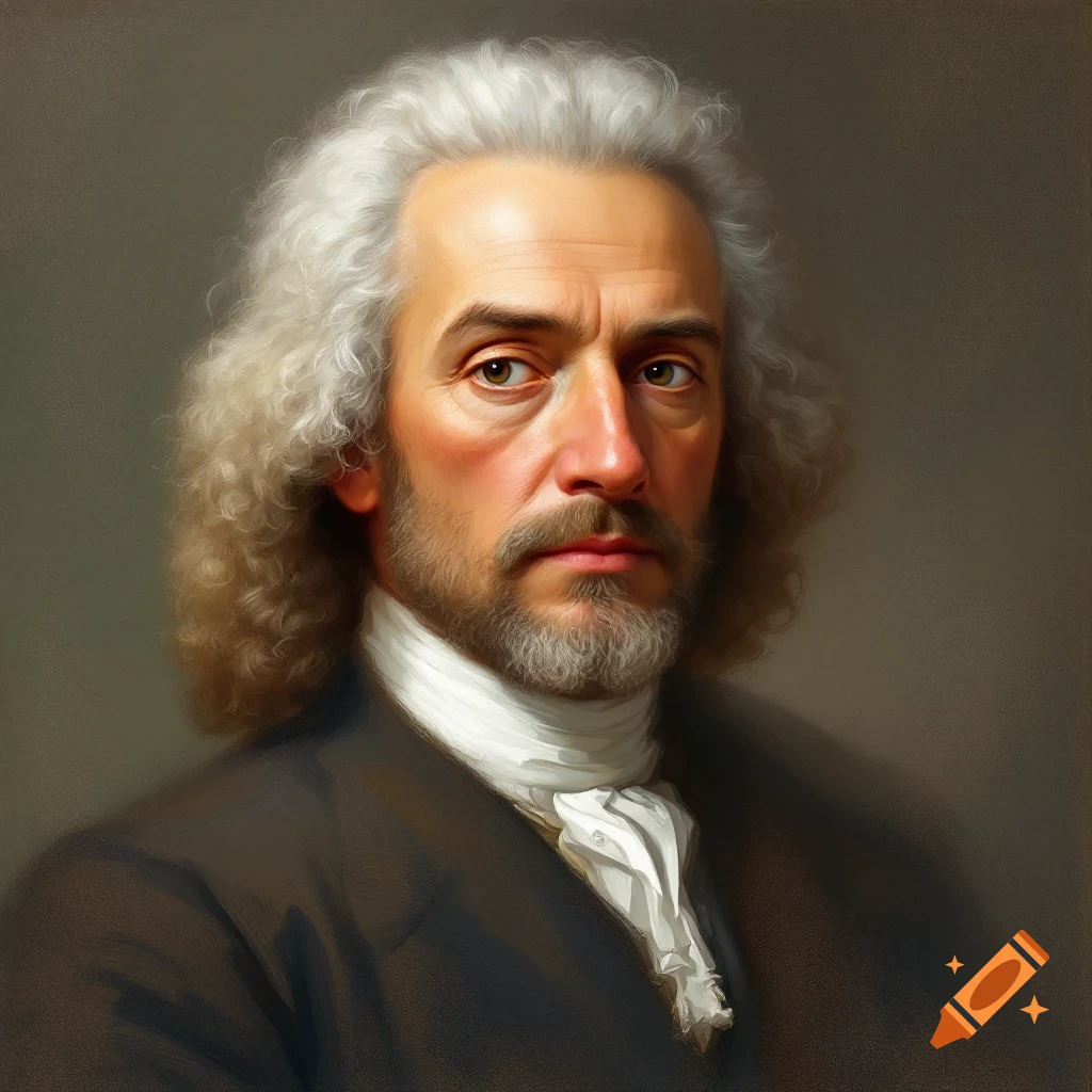 A painted portrait of a man with long white curly hair, a beard, and a white cravat.
