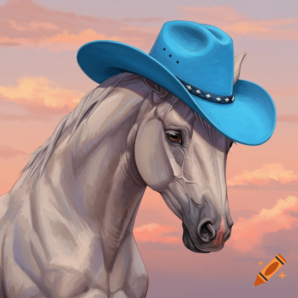 Horse wearing a blue hat