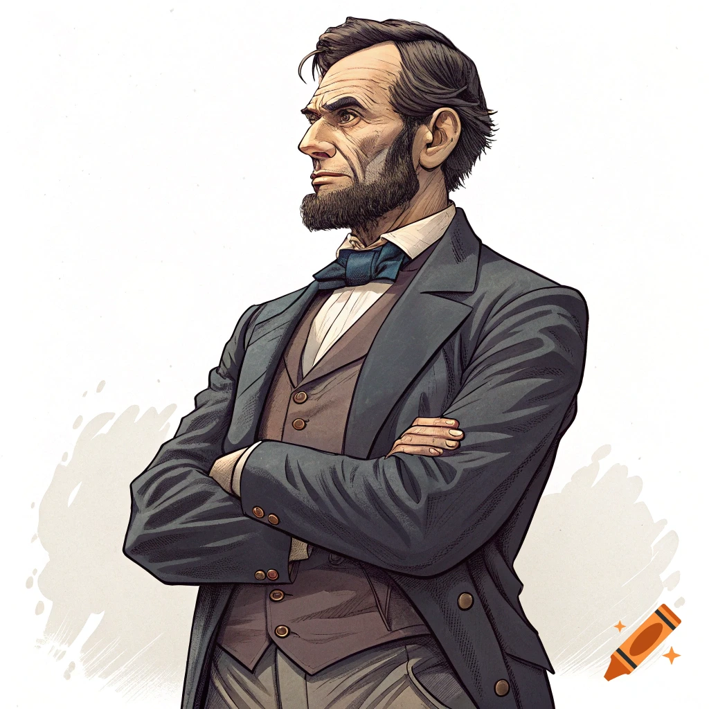 Illustration of Abraham Lincoln standing with arms crossed.