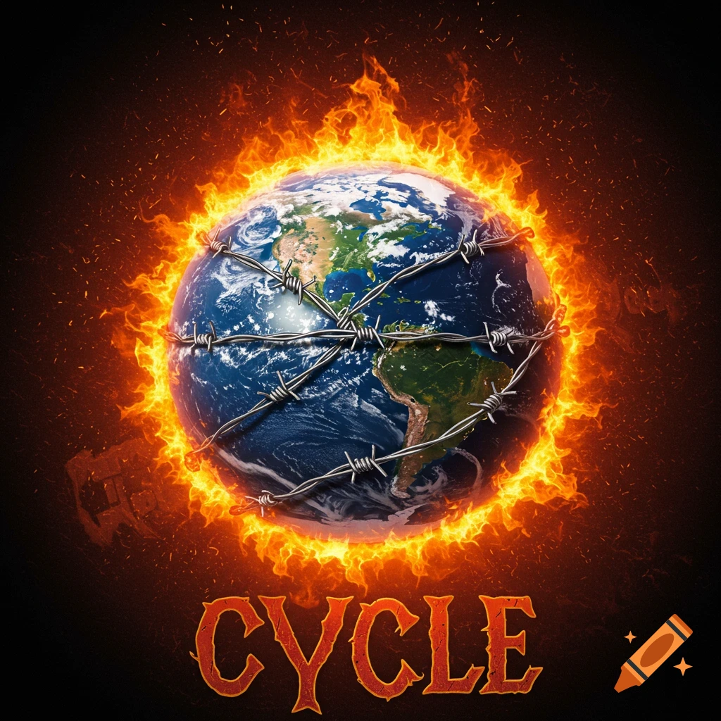 The Earth is on fire and wrapped in barbed wire, with the word 'CYCLE' below it.